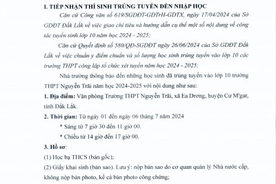 Thông báo về việc nhập học và tuyển sinh bổ sung vào 10 năm học 2024-2025